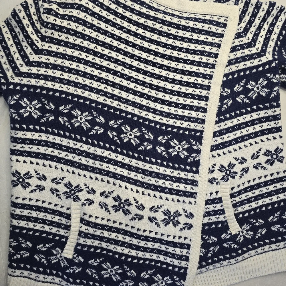 Lands' End Fair Isle Sweater Open Cardigan Navy Ivory Nordic Print Cabincore M - Picture 8 of 13